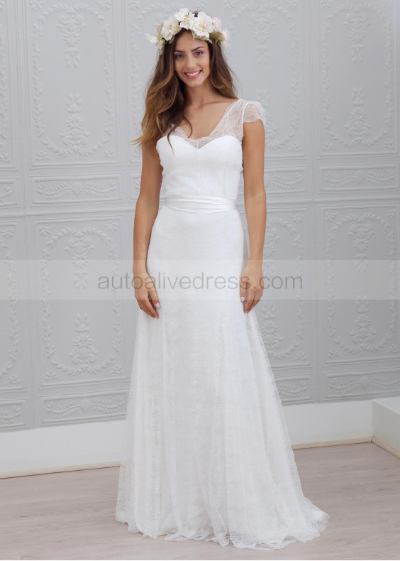 Fashion Ivory Full Lace Cap Sleeves V Back Airy Wedding Dress